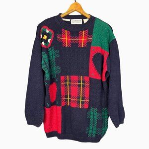 Vintage 90s Sweater, Embroidered Patchwork Cotton Eclectic Cottagecore Teacher